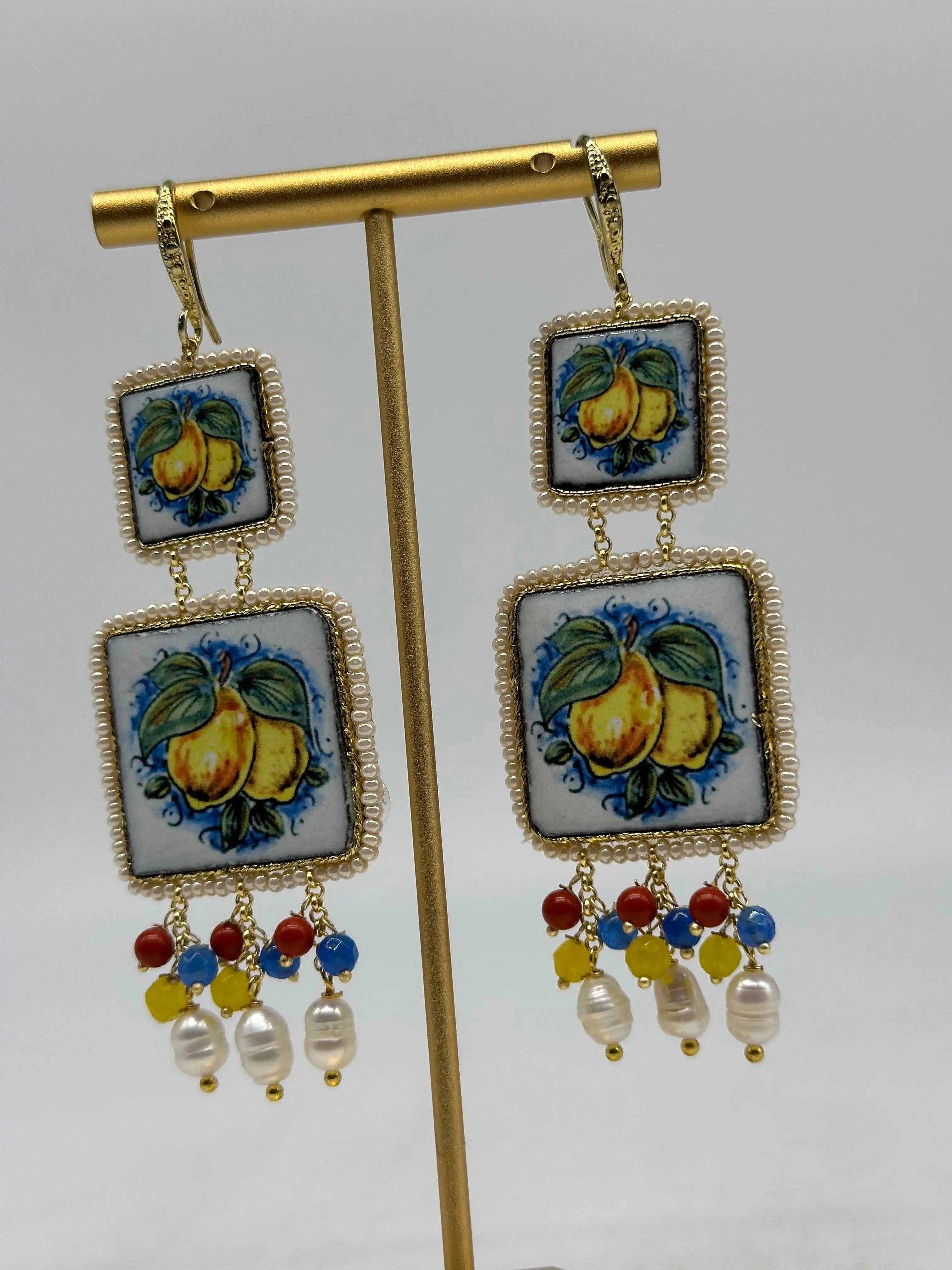 DD Ceramiche Siciliane - Wholesale Dangle Earrings - Caltagirone Ceramic Tile earrings, white frame, stones, pearls V.22