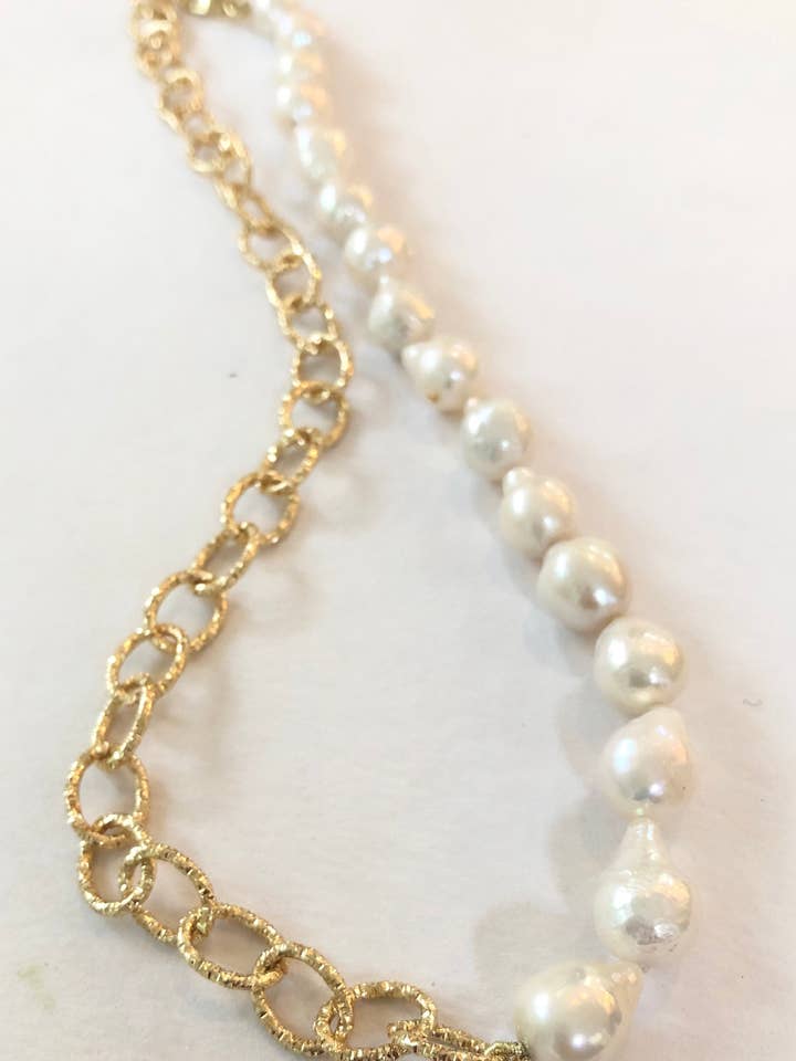 #1048-Brushed Oval Chain with mini baroque pearl necklace for wholesale by Studio G