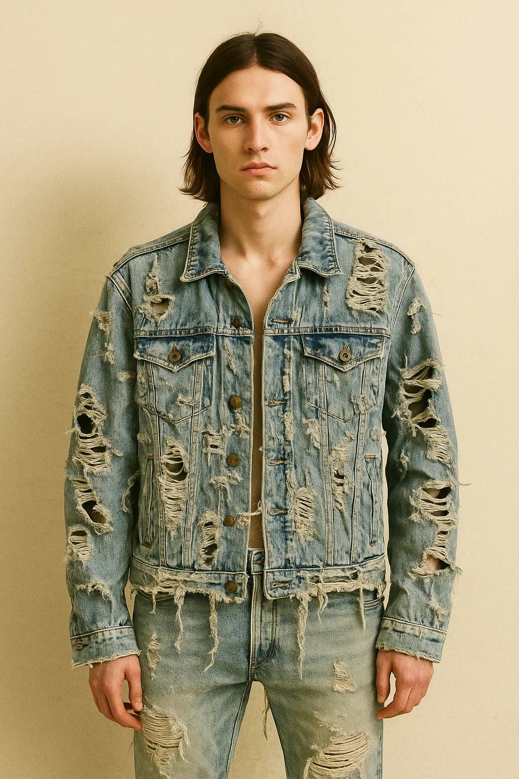 Zovater Incorporation - Wholesale Denim Jacket - Men's - Men's Distressed Ripped Denim Jacket - Vintage Look Jacket