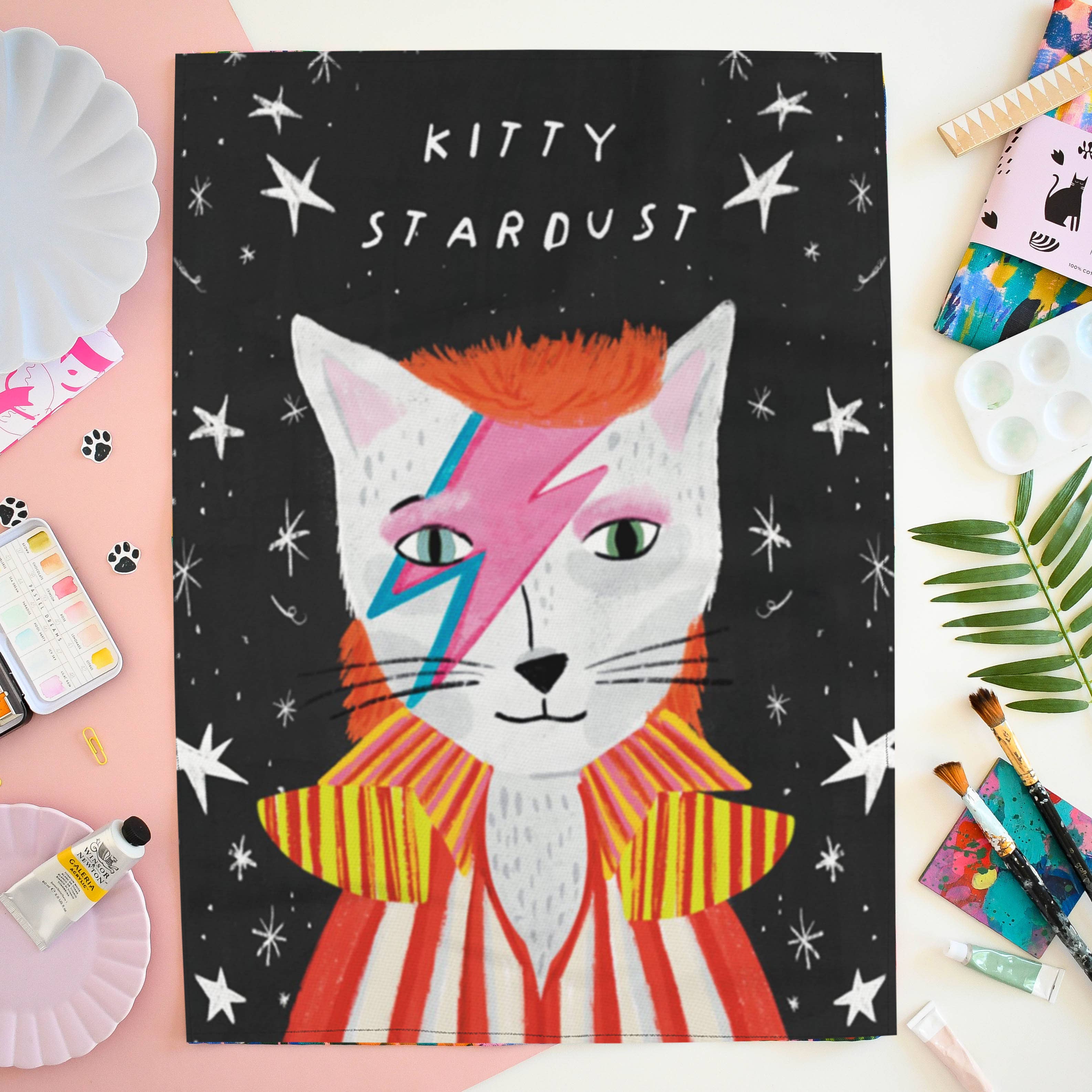 Niaski - Feline Fine Art (USA DUTIES PAID) – wholesale Tea towel – Kitty Stardust Cat Tea Towel1