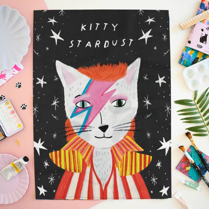 Niaski - Feline Fine Art (USA DUTIES PAID) – wholesale Tea towel – Kitty Stardust Cat Tea Towel1