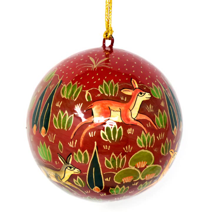 Hand painted papier-mâché traditional deer Christmas baubles for wholesale by Fair to Trade Ltd