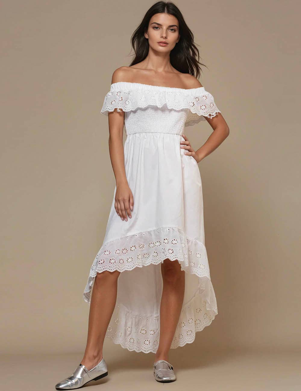 Blanc Robe Midi Épaules Dénudées à Œillets Floraux pour Femmes SKD50298 en vente sur Faire8