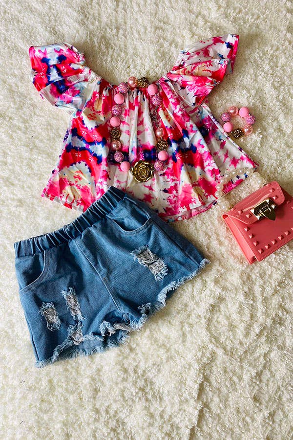 luluclothes - Wholesale Top & Short Set - Kids - DLH2358 Tie dye off the shoulder top light denim shorts sets3