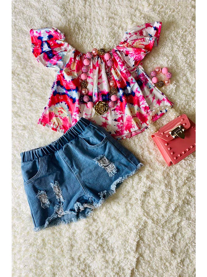 luluclothes - Wholesale Top & Short Set - Kids - DLH2358 Tie dye off the shoulder top light denim shorts sets3