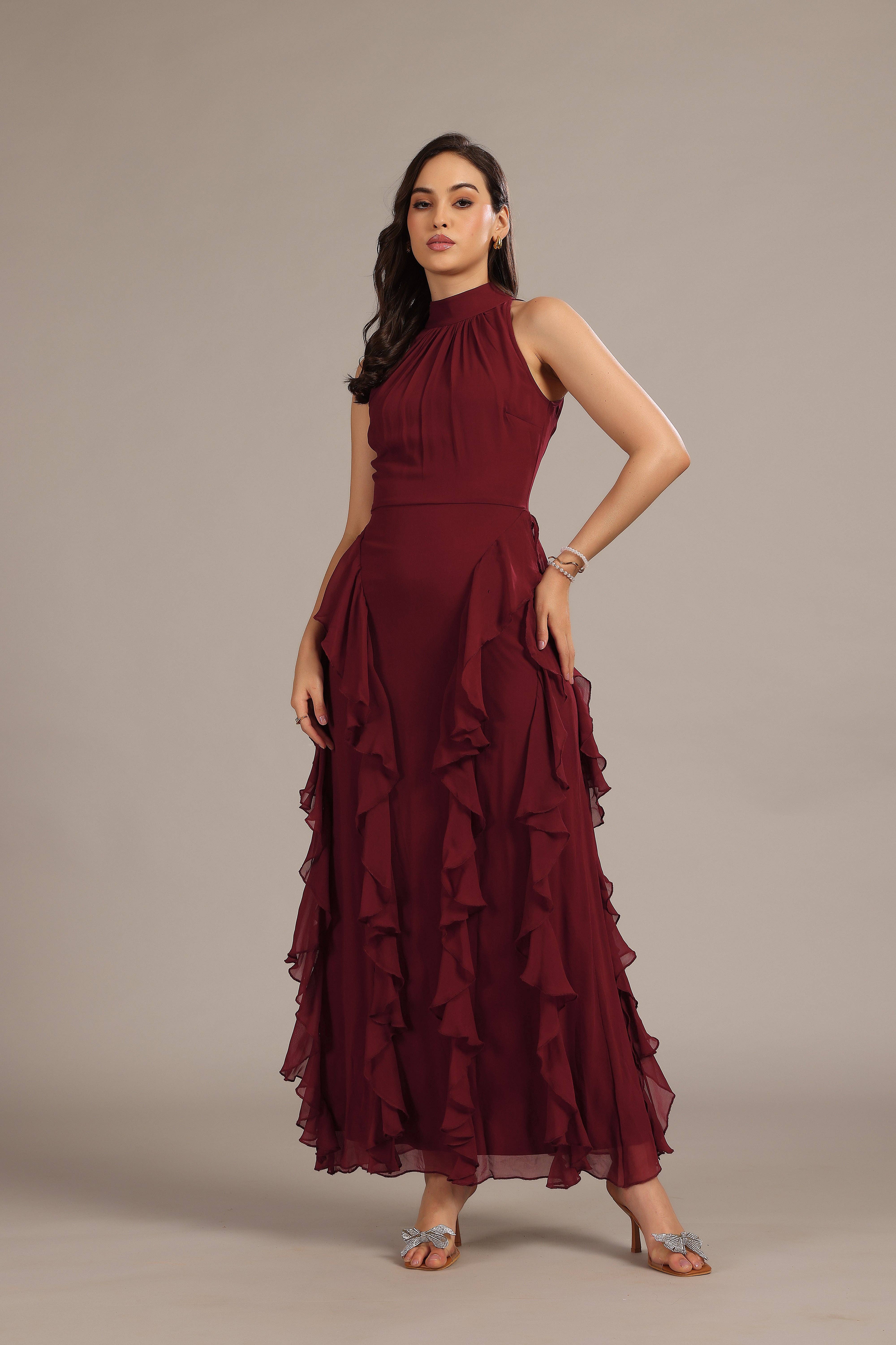 Malinina Maxi Dress in Burgundy for wholesale on Faire0