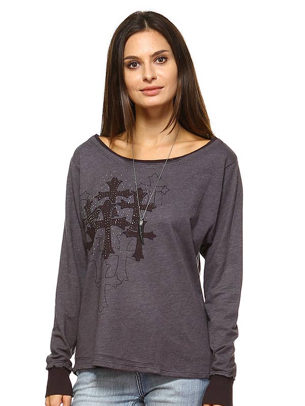 Mineral washed Scoop neck Long sleeve top with Embroidery for wholesale by Urban X Apparel