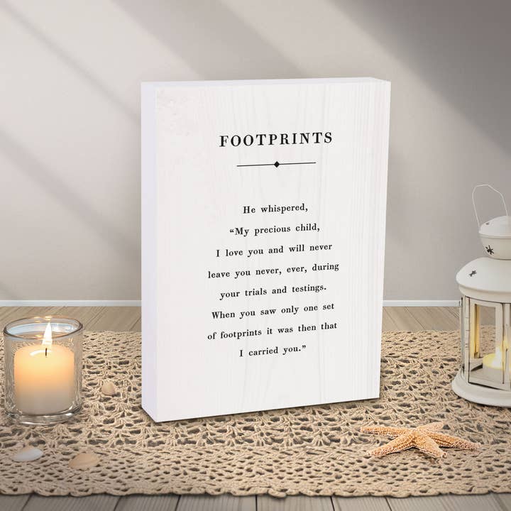 Footprints In The Sand Poem Wood Block for wholesale by P. Graham Dunn