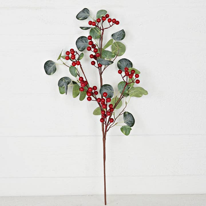 31533- 24in Spray-Flocked silver dollars with red berries for wholesale by Holiday Depot Inc.