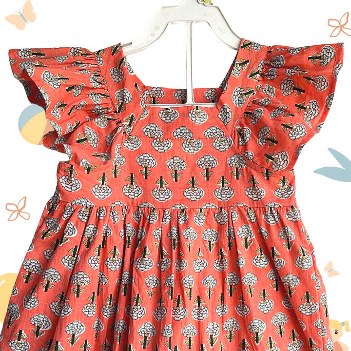 The Indian Bazaar - Wholesale Dress - Kids - Girls Flutter Sleeve Dress - Peach Block Print1