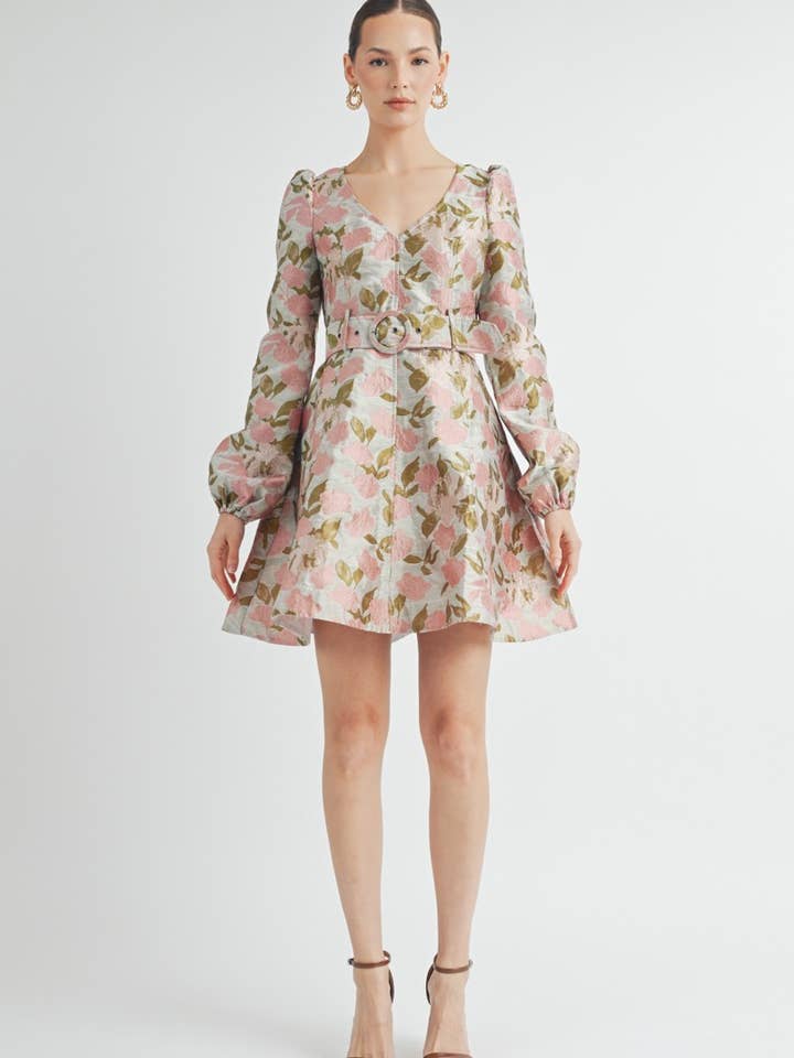 Vestito elegante in jacquard floreale con scollo a V per la vendita all'ingrosso da parte di AIBLEE