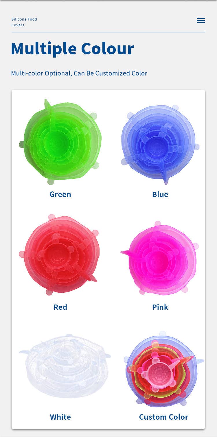 Farben mischen und anpassen Wiederverwendbare elastische Silikondeckel in Lebensmittelqualität, 6 Stück, Mindestbestellmenge 10 Stück für den Großhandel auf Faire7