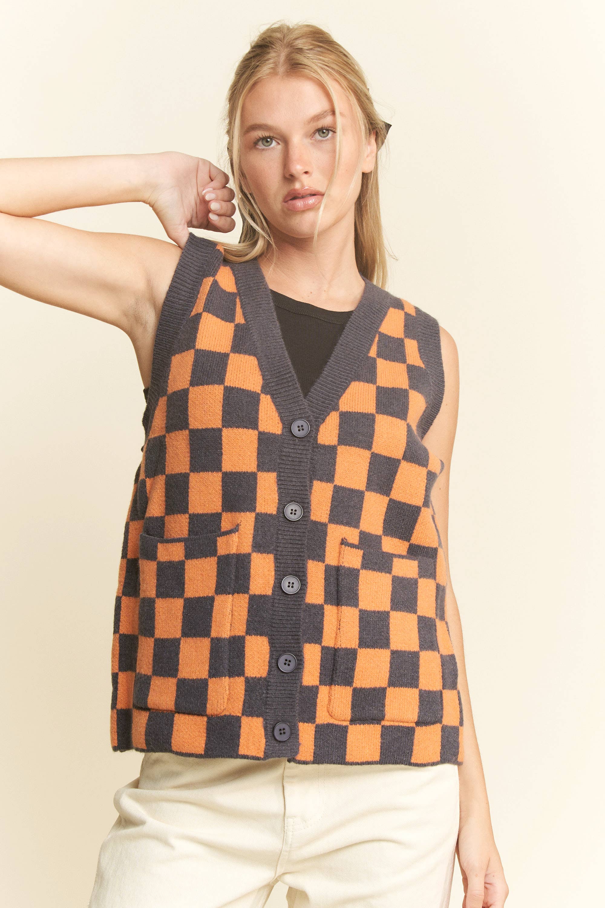 JADE BY JANE – Colete - Mulher por atacado – COLETE XADREZ SEM MANGAS COM DECOTE EM V1