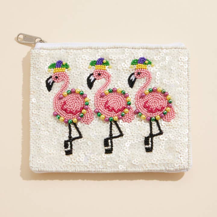 Beaded Flamingo Sequin Pouch for Mardi Gras Party for wholesale by Frem