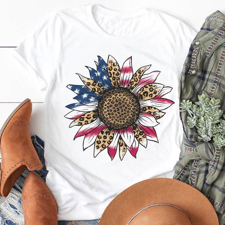 Leopard Patriotic 4th of July Sunflower Graphic Tee for wholesale by Kissed Apparel