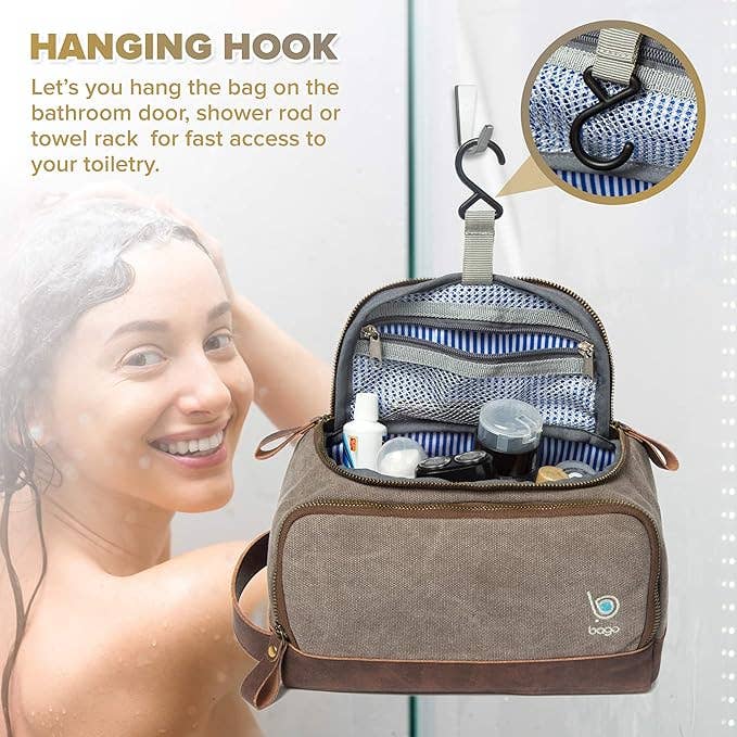 Crover - Wholesale Toiletry Bag - Unisex - Canvas Toiletry Bag with Hanging Hook & Faux Leather Trim1