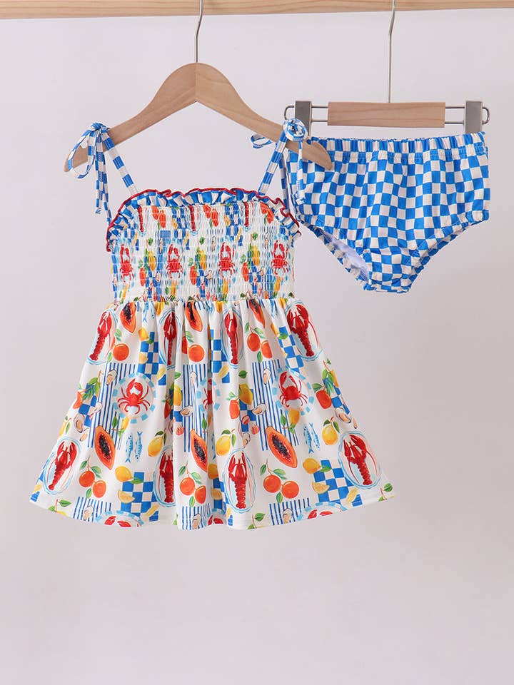 Lemon lobster crab print smocked swimsuit set for wholesale by Aspen Rain Boutique