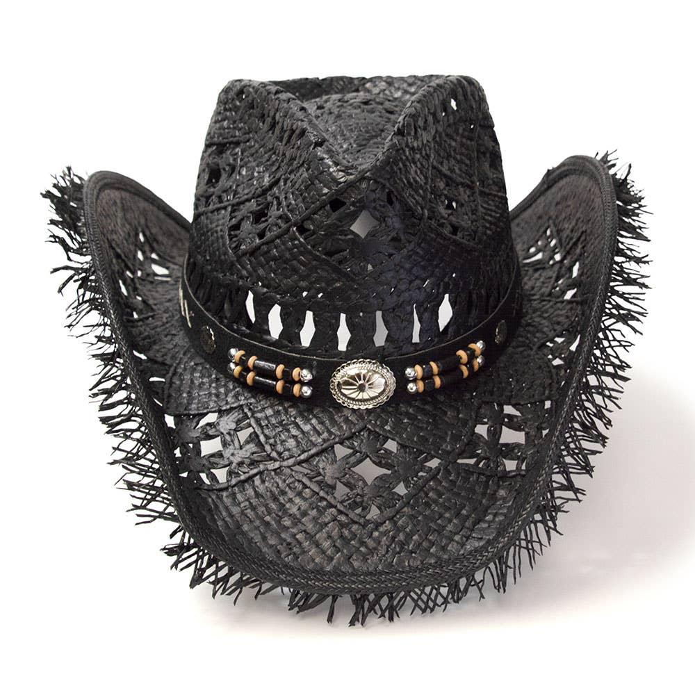 Western Express - Vendita all'ingrosso Cappello da cowboy - Donna - Cappello Western Nero in Paglia con Frangia e Fronte Pizzicata3