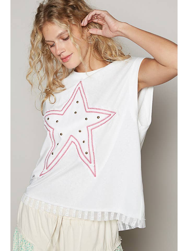 Pol Clothing - Wholesale Knit Top - Women's - Round neck sleeveless star patch knit top