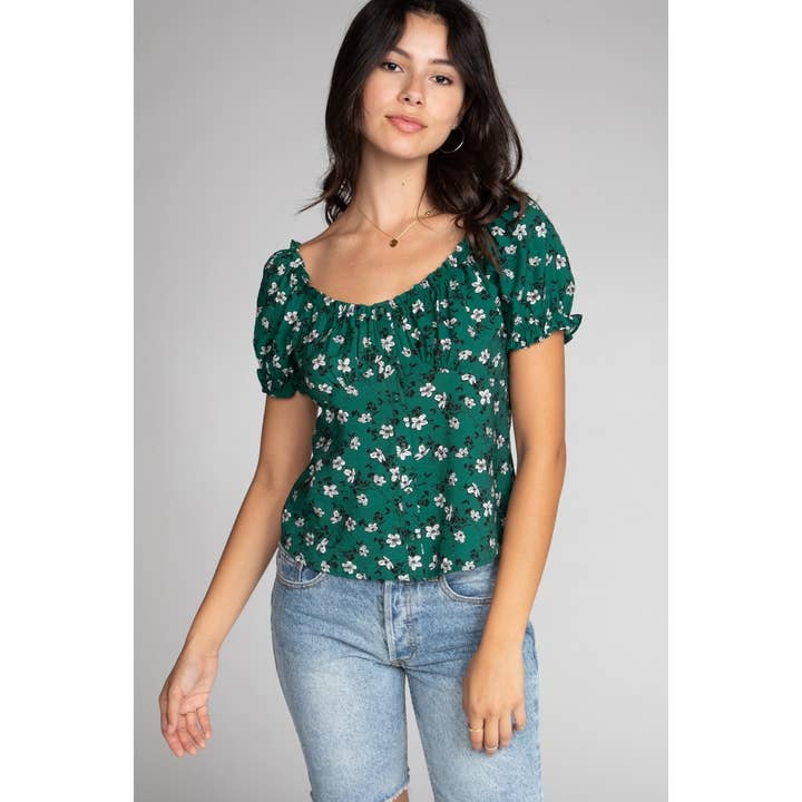 Short Sleeve Floral Elasticized Shoulder Blouse for wholesale by Naked Zebra Rack