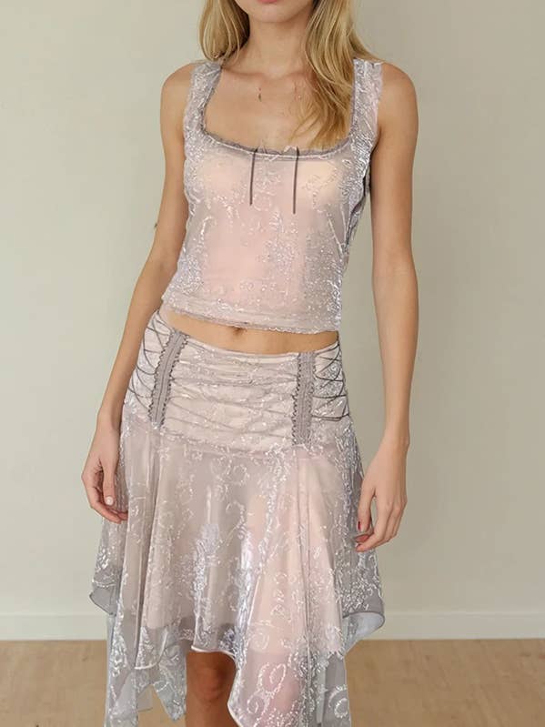 2 PIECE FAIRY LACE TOP & ASYMMETRIC SKIRT SET for wholesale by FRECKLE LOS ANGELES