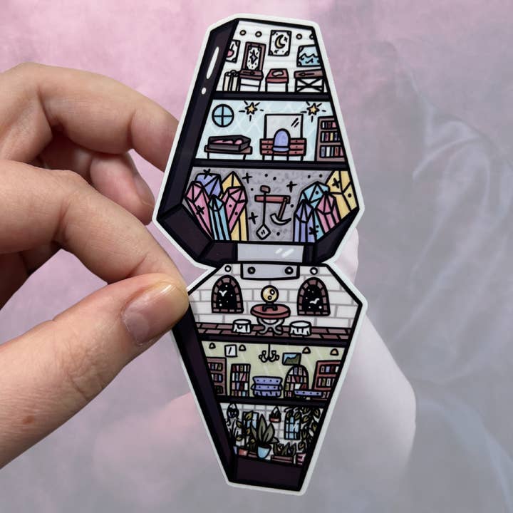 Coffin Polly Pocket Glossy Water Resistant Vinyl Sticker for wholesale by familiar sadie