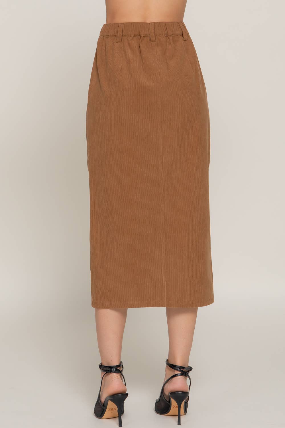Active Basic | Active USA - Wholesale Skirt - Women's - Waist Band Front Open Slit Corduroy Midi Skirt6