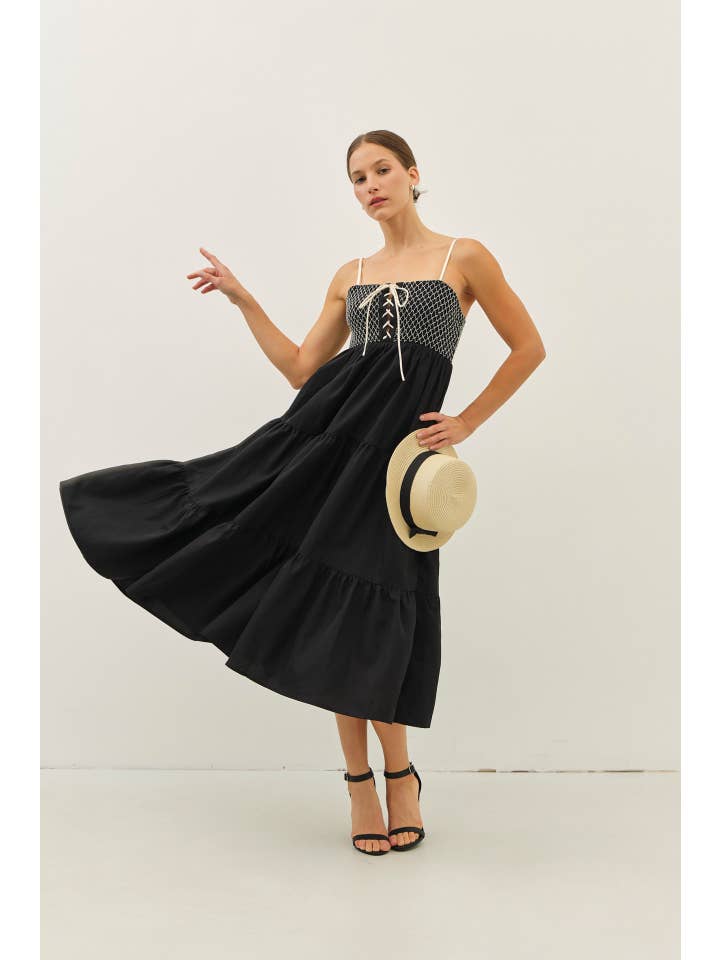 idem ditto - Wholesale Dress - Women's - SPECIAL CONTRAST SMOCKED TIERED MIDI DRESS