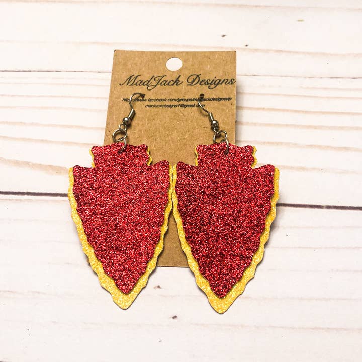 MadJack Designs - Wholesale Dangle Earrings - Layered Glitter Arrowheads Faux Leather Earrings, Chiefs Earrings, Kansas City Earrings, Gift For Chiefs Fan, Gift For Football Fan