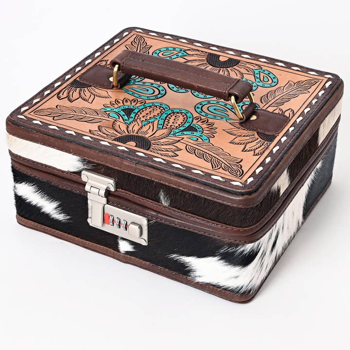 LS Western - Wholesale Jewelry Box/Organizer - ADBGA321 Western Tooled Leather and Cowhide Locking Jewelry Storage Box