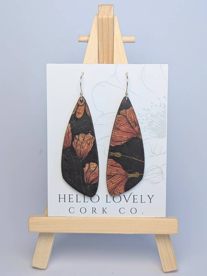 Floral on Black Cork Earrings - Small Wing for wholesale by Hello Lovely Cork Co.