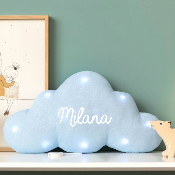 Glitter blue personalized cloud musical night light for wholesale by oh la la paris