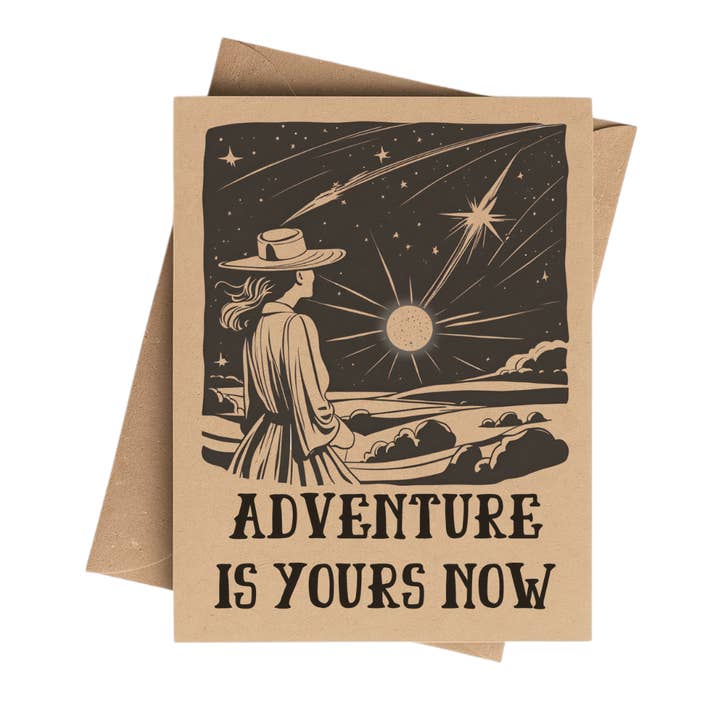 Adventure is Yours Now Notecard for Friend on Brown Kraft for wholesale by Cryptic Paper Co.