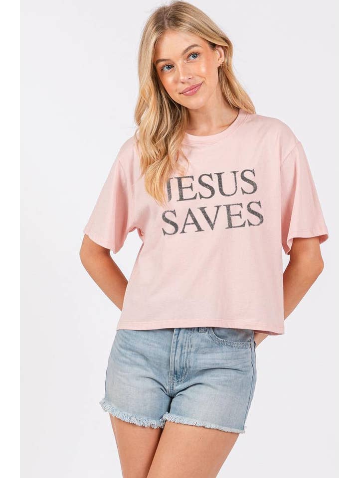 Zutter - Wholesale Screen Printed T-Shirt - Women's - Jesus Saves Graphic S/S Relaxed Faux Crop Tee12