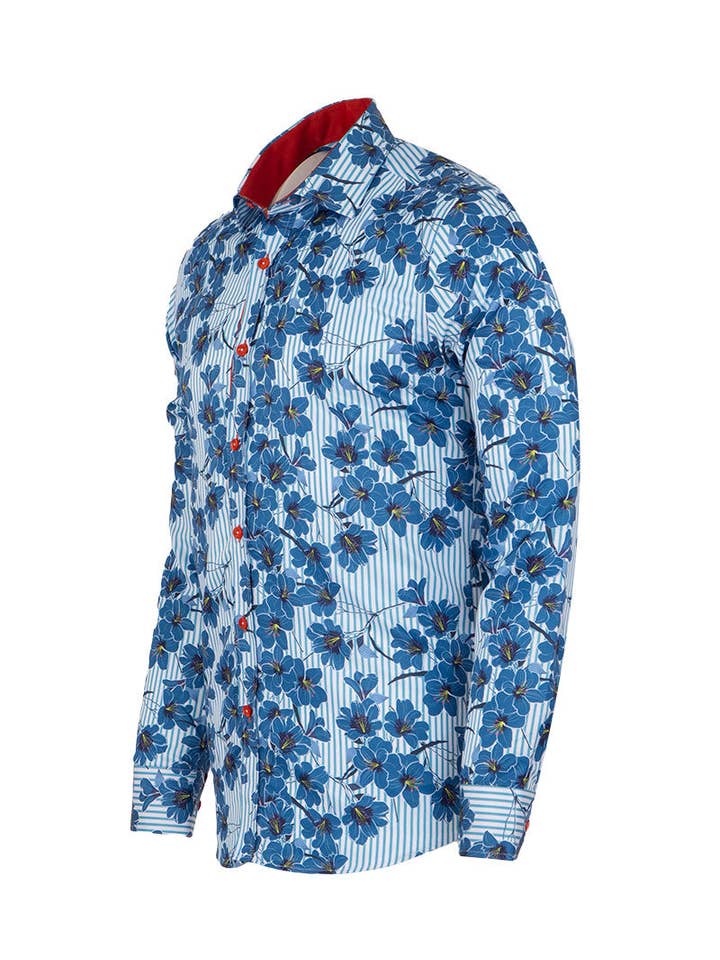 Blue Stripe Daisy Floral Print Shirt for wholesale on Faire2