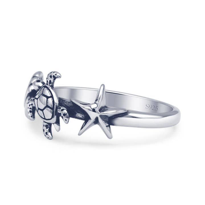 Sterling Silver Oxidized Seashell Turtle & Starfish Ring for wholesale on Faire