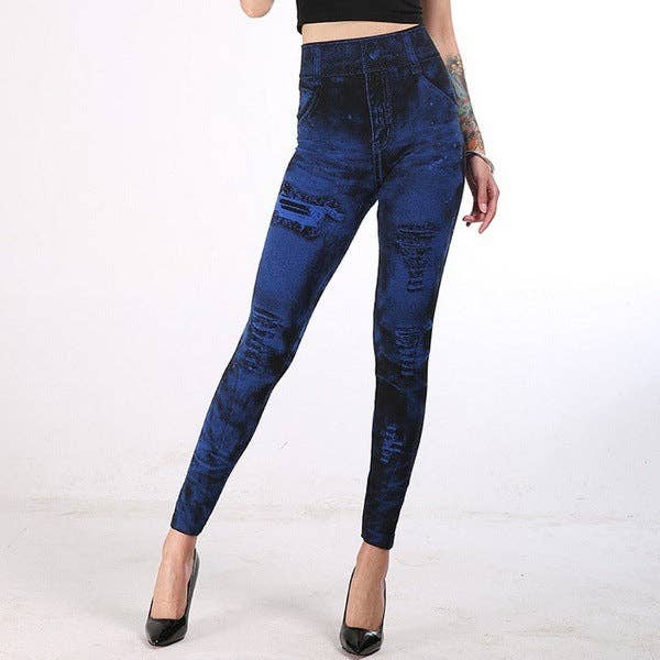 Tourtiwi - Wholesale Pants - Women's - Fake Ripped Imitation Denim High Waist Yoga Pants1