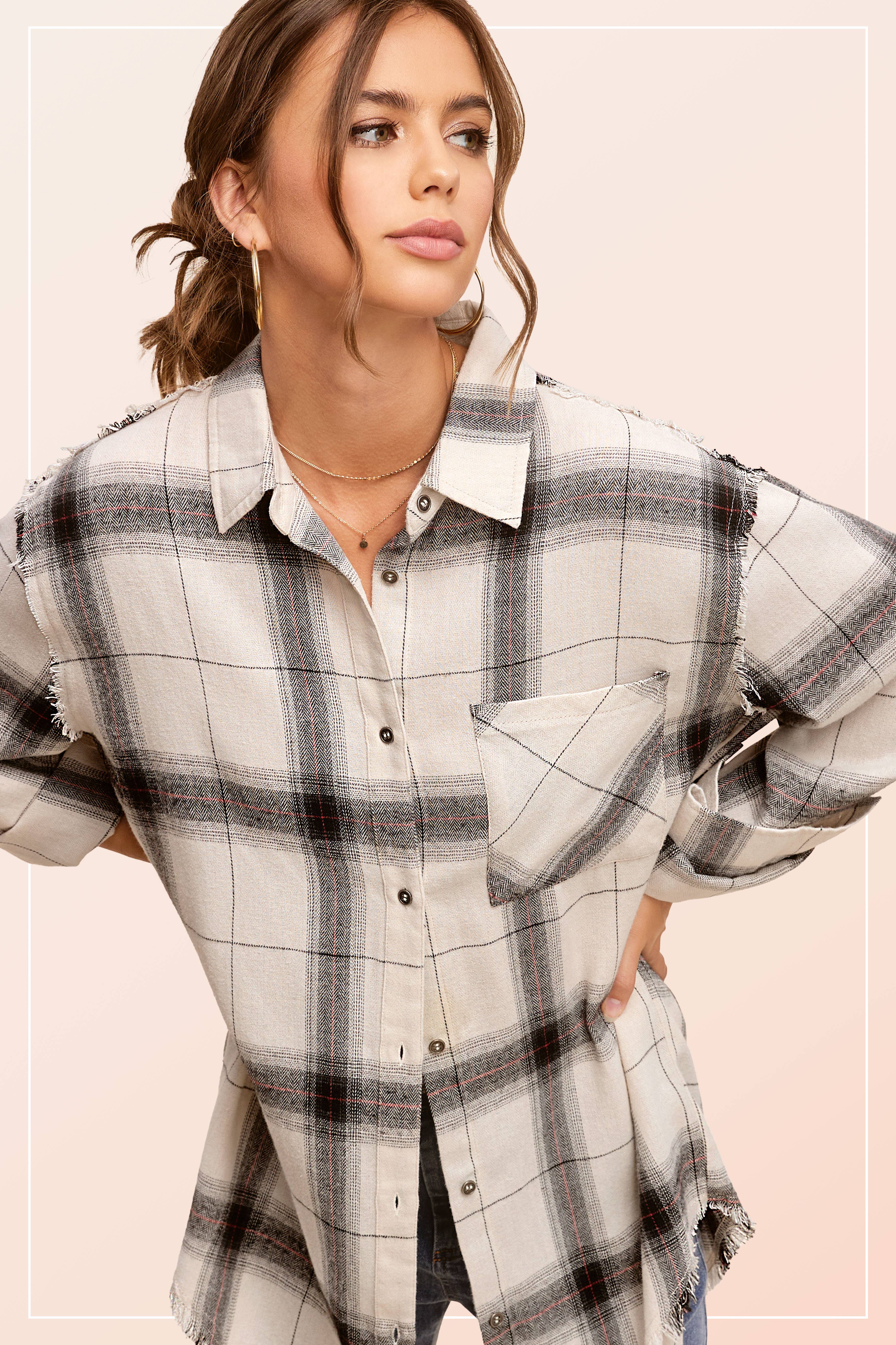 La Miel - Wholesale Button Down Shirt - Women's - SRT1372-Loose Fit Button Down Cut Edge Detailed Plaid Shirts5
