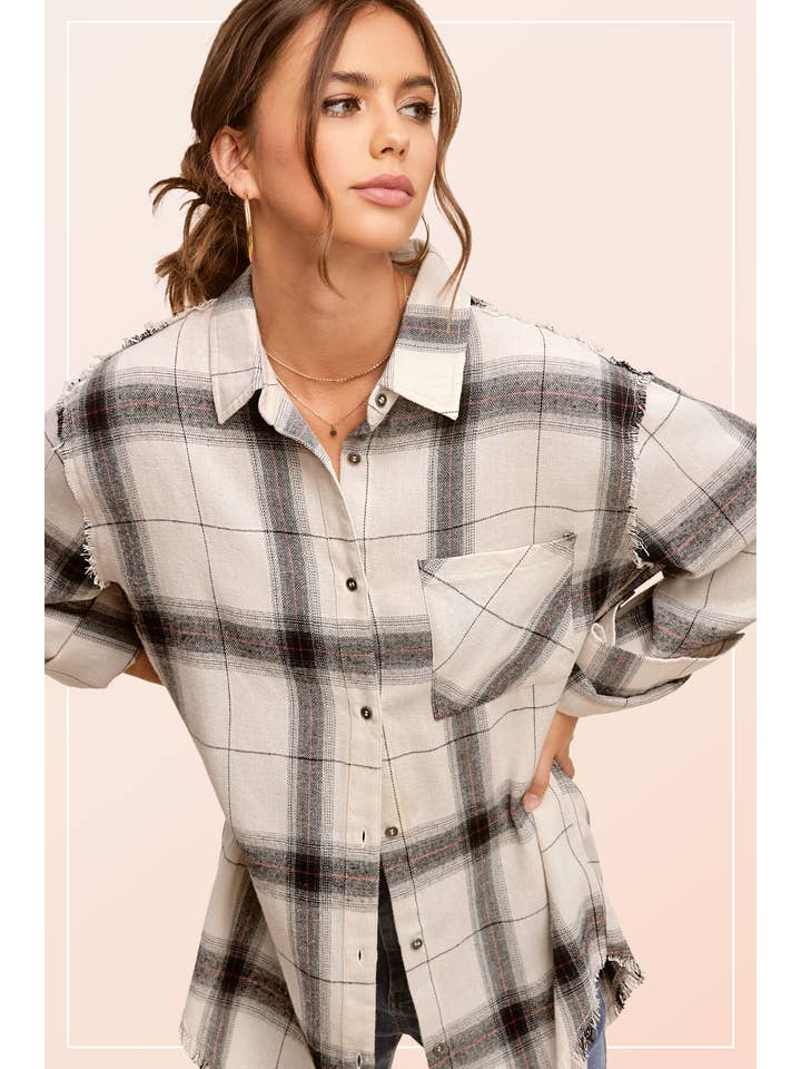 La Miel - Wholesale Button Down Shirt - Women's - SRT1372-Loose Fit Button Down Cut Edge Detailed Plaid Shirts5