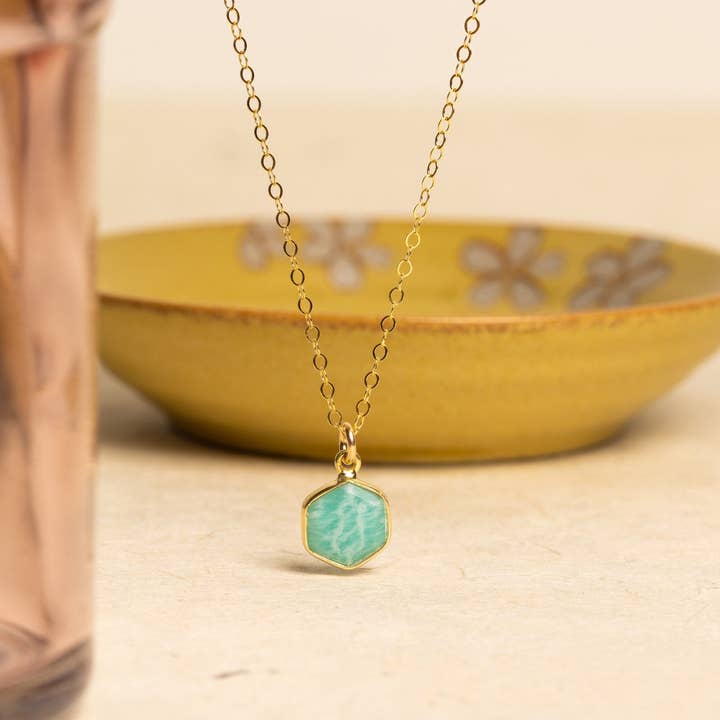 Amazonite Dainty Hexagon Pendant Necklace for wholesale by Soul & Little Rose