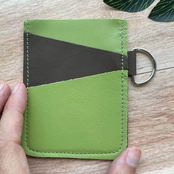Leather Angular Card Holder With 3 Slots Green and Brown for wholesale by Mally Designs