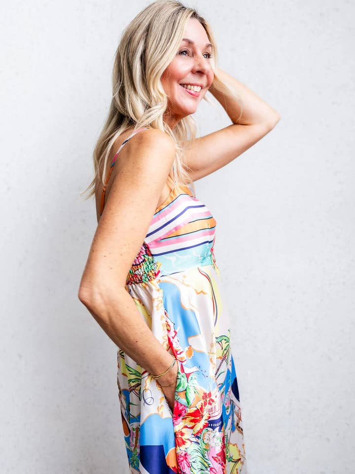 MULTICOLOR High-waisted print holiday swing halter dress for wholesale on Faire