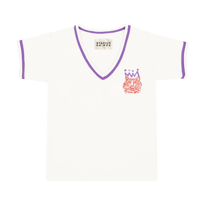 The Orange x Purple Tiger Ladies V-Neck Ringer for wholesale by Stadium Shoppe & Co
