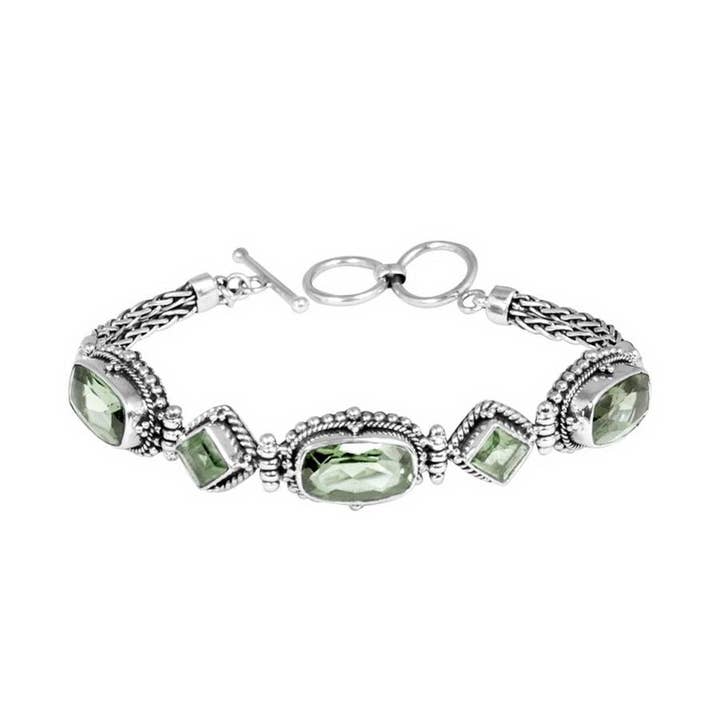 SB-1897-GAM Sterling Silver Green Amethyst Quartz Multi-Shape Artisan Bracelet With Beaded Frames And Braided Chain Ends | Wholesale Collection for wholesale by Bali Designs