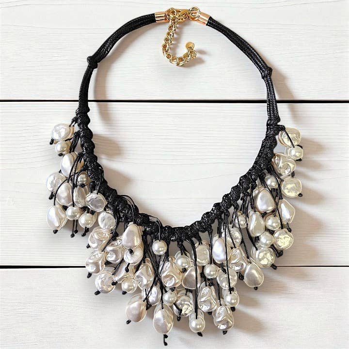Bijoux Envie Statement Jewelry - Wholesale Beaded/pearl necklace - Modern Pearl Bib Necklace | Leather Cord | Coastal Fall Boho5