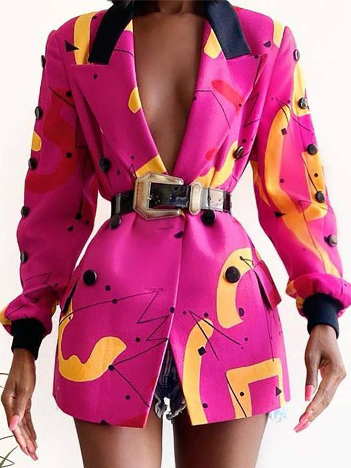 HOT PINK abstract print long sleeve blazer coat for wholesale on Faire0