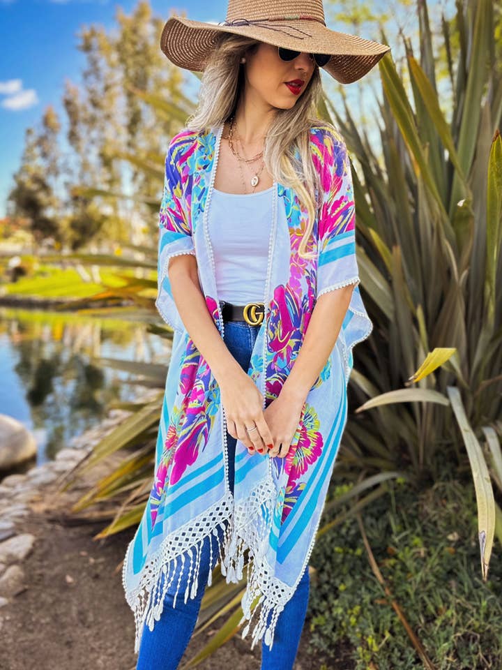 White Multi Floral Print Lace Detail Tassel Bottom Kimono for wholesale on Faire