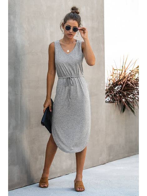 Supreme Fashion - Wholesale Dress - Women's - Solid Sleeveless Slim Waist V Neck Midi Dress