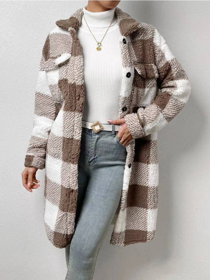 Miss Sparkling - Wholesale Coat - Women's - Sherpa plaid long coat