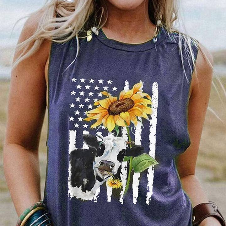 Top senza maniche con scollo rotondo con stampa di mucche e girasoli per la vendita all'ingrosso da parte di Tourtiwi
